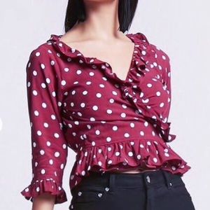 Motel burgundy red polka dot wrap blouse top